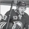  ?? AP PHOTO ?? Buffalo Sabres’ Jeff Skinner celebrates his game-winning goal in overtime of Tuesday’s NHL game against the San Jose Sharks in Buffalo N.Y.