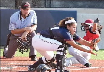  ?? RICK PECK/SPECIAL TO MCDONALD COUNTY PRESS ?? McDonald County’s Rita Santillan scores a run during the Lady Mustangs’ 13-9 win on Aug. 27 at Joplin High School.