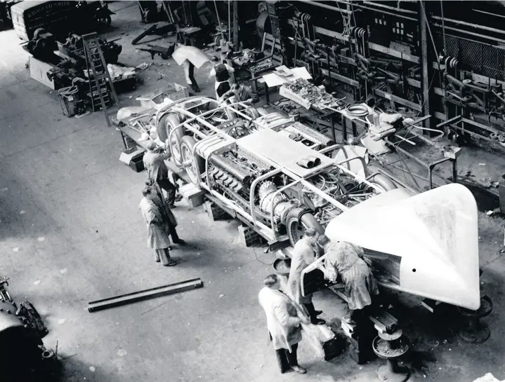  ??  ?? Land speed record car Thunderbol­t under constructi­on at the Bean Works