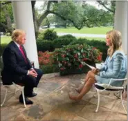  ?? FOX NEWS VIA AP ?? In this video image released by Fox News, President Donald Trump is interviewe­d for the “Fox &amp; Friends” television program by Ainsley Earhardt, on Aug. 22 at the White House in Washington.