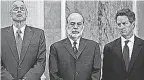  ??  ?? Ex-Fed chairman Ben Bernanke, center, is flanked by ex-treasury chiefs Henry Paulson, left, and Timothy Geithner in 2010’s “Inside Job.” SONY CLASSICS