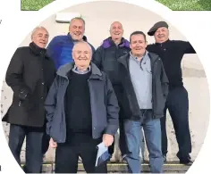  ??  ?? From left, former football referee Bob Valentine and John Mackie with stag party pals Bill, Dave, Jimmy and Tommy outside St James’ Park in Newcastle city centre
