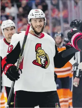  ?? DAVID BLOOM ?? Ottawa’s Fredrik Claesson celebrates one of six goals the Sens went on to score against the Edmonton Oilers in their 6-1 victory Saturday at Rogers Place in Edmonton.
