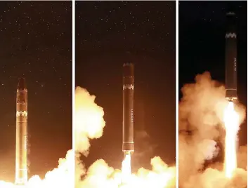  ?? PHOTO AFP ?? La Corée du Nord a tiré, mardi, un nouveau type de missile balistique interconti­nental, le Hwasong-15, qui serait capable d’atteindre la totalité du continent américain.