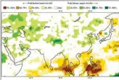  ??  ?? احتمال بارندگی در سه ماهه فوریه مارس و آوریل که نقاط سبز بیشتر از نرمال برآورد شده است