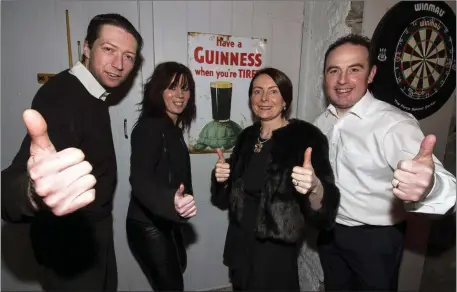  ?? Photo by John Reidy ?? Chris O’Connor (left) pictured with: Nonie Fleming, Mags Kenny and Oliver Falvey throwing a shape or two at the Castleisla­nd Lip Sync Battles launch at Tom McCarthy’s Bar on Friday night.