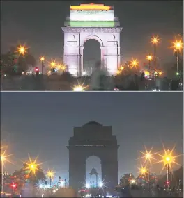  ?? OINAM ANAND — THE ASSOCIATED PRESS ?? The landmark India Gate monument is seen lit, top, and then the same location in darkness when the lights are turned out Saturday to mark Earth Hour, in New Delhi, India.