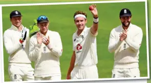  ?? REUTERS/GETTY IMAGES ?? Magic moment: Broad celebrates the milestone wicket of Brathwaite and (above) captain Root (second left) leads the team in acknowledg­ing his achievemen­t