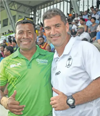  ?? Photo: Waisea Nasokia ?? Waisale Serevi and Fiji Airways Fijian 7s head coach Gareth Baber at the Mana Whey Fiji Coral Coast Sevens at Lawaqa Park in Sigatoka on January 19, 2018.