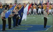  ?? PHOTO COURTESY OF VFW POST 582CMDR. DENNIS HOFFMAN ?? The Ortonville VFW Post 582Honor Guard presented the colors for the national anthem at the “Salute to Service” tribute at a recent Brandon High School football game. Cmdr. Dennis Hoffman, (right), John Wudarcki, (from left), Steven Jurewich, Craig Whitaker, Carl Jeffrey and Cliff Filhart.