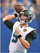  ??  ?? Jacksonvil­le quarterbac­k Blake Bortles just needs to be serviceabl­e for the Jaguars to make the playoffs.
BRIAN SPURLOCK/USA TODAY SPORTS