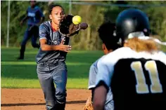  ?? Staff photo by Jerry Habraken ?? n Liberty-Eylau’s Kayla Norris catches a pop-up Friday against Pittsburg at Lady Leopard Field at H.E. Markham Park in Texarkana, Texas.