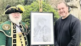  ??  ?? Leek Town Crier Bill Lomas and artist Gavin Bowyer with the picture.