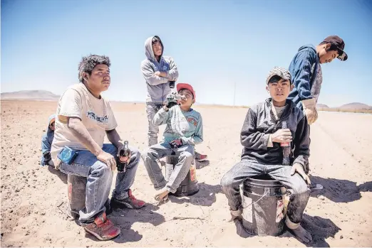  ?? ROBERTO E. ROSALES/JOURNAL ?? Workers from Guerrero state in southern Mexico take a break after clearing rocks from Mexican farmer Pedro Suderman’s fields just south of the U.S.-Mexico border. Migrant workers come from the south each year from planting to harvest, then return home...