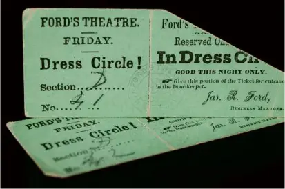  ?? NIKKI BRICKETT/RR AUCTION VIA ASSOCIATED PRESS ?? RR Auction House sold the extremely rare balcony tickets from April 14, 1865, for $262,500. The ticket holders would have had a clear view of President Abraham Lincoln’s slaying.