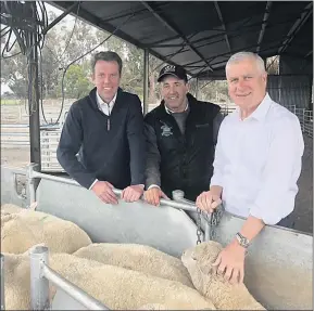  ??  ?? WATER DELIVERY: From left, Member for Wannon Dan Tehan, Ararat district farmer Charlie de Fegely and Deputy Prime Minister Michael Mccormack at Mr de Fegely’s farm.