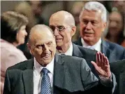  ?? [AP FILE PHOTO] ?? Thomas S. Monson, president of The Church of Jesus Christ of Latter-day Saints, waves to the audience April 4, 2015, during the opening session of the Mormon church conference in Salt Lake City. Monson, the 16th president of the Mormon church, died...