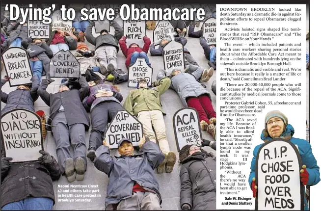  ??  ?? Naomi Nemtzow (inset r.) and others take part in health care protest in Brooklyn Saturday. Dale W. Eisinger and Denis Slattery