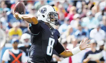  ?? MARK ZALESKI/ THE ASSOCIATED PRESS ?? Titans quarterbac­k Marcus Mariota passed for three touchdowns in Tennessee’s previous two games, and the Colts’ 29th-ranked pass defense makes him an attractive fantasy lineup option Sunday.