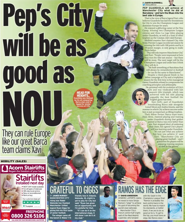  ??  ?? HEAD FOR HEIGHTS.. Guardiola was idolised by his all-conquering Barca stars and is tipped for similar success at City friendly loss in Albania. Matondo, 18, (right) is yet to play for City but said: “Ryan has given me an opportunit­y and I’m grateful for that.“If I can do it on the internatio­nal stage, it will show I can do it at my club.”