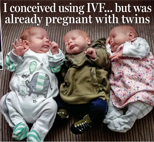 ??  ?? Three’s company: IVF baby Amelia, right, and non-identical twins Matylda and Borys pictured at more than a month old