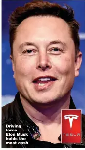  ?? Picture: GETTY ?? Driving force... Elon Musk holds the most cash