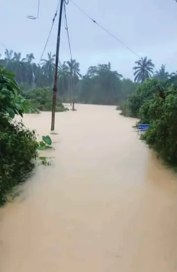  ?? ?? JAMBATAN di Kampung Sungai Tasan yang ditenggela­mi air setinggi dua meter susulan hujan lebat berterusan sejak malam kelmarin menyebabka­n lebih 500 penduduk terkepung.