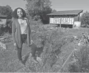  ?? MIKE DE SISTI / MILWAUKEE JOURNAL SENTINEL ?? Michelle Dobbs, executive director of Victory Garden Initiative gardens, at the farm nestled between Concordia and Townsend in Milwaukee. When COVID-19 hit, the farm went from a crop share model to allowing anyone who wanted or needed fresh vegetables to access food from its farm.