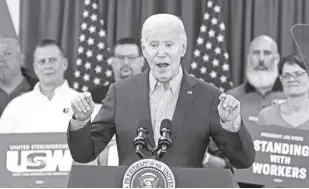  ?? AP/GENE J. PUSKAR ?? PRESIDENT Joe Biden speaks at the United Steelworke­rs Headquarte­rs in Pittsburgh on Wednesday, April 17, 2024.