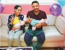  ??  ?? Vivek Shrestha and Alisha Suwal with their triplet babies. The babies are doing fine after spending five weeks in NICU.