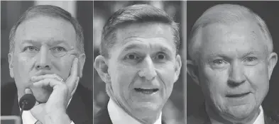  ?? STF/AFP/GETTY IMAGES ?? From left, Rep. Mike Pompeo, retired Lt.-Gen. Michael Flynn and Sen. Jeff Sessions. President-elect Donald Trump has chosen Pompeo as CIA director, Flynn as national security adviser and Sessions to be attorney-general.