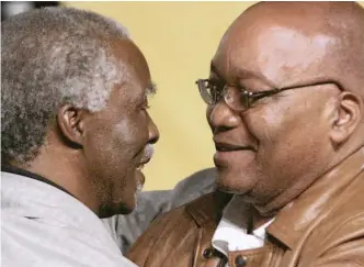  ?? JEROME DELAY AP ?? THEN-President Thabo Mbeki, left, and the then-ANC Deputy President Jacob Zuma embrace at the 52nd African National Congress conference in Polokwane in December 2007. |