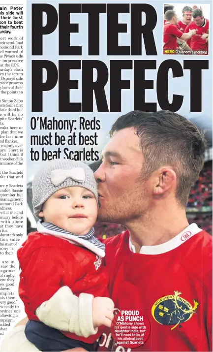  ??  ?? PROUD AS PUNCH O’mahony shows his gentle side with daughter Indie, but he’ll need to be at his clinical best against Scarlets HERO O’mahony’s mobbed