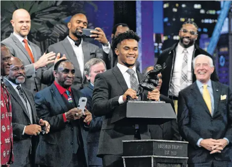  ?? AP PHOTO ?? Oklahoma State quarterbac­k Kyler Murray speaks after winning the Heisman Trophy on Saturday in New York.