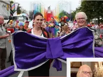  ??  ?? FROM TOP: Lexie Matheson with Prime Minister Jacinda Ardern at the Auckland Pride parade; receiving her ONZM award from GovernorGe­neral Dame Patsy Reddy.