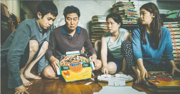  ?? NEON ?? Actors Woo-sik Choi, left, Kang-ho Song, Hye-jin Jang and So-dam Park star in Parasite, a terrific comedy-thriller about two families from two very different background­s.