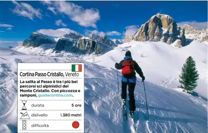  ??  ?? La salita al Passo è tra i più bei percorsi sci alpinistic­i del Monte Cristallo. Con piccozza e ramponi, guidecorti­na.com.
5 ore metri