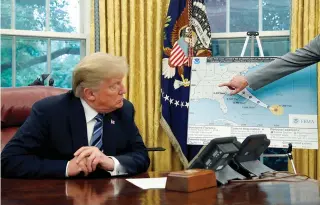  ?? REUTERS ?? US President Donald Trump holds an Oval Office meeting on storm preparatio­ns as Brock Long, administra­tor of the Federal Emergency Management Agency, traces the potential track of Hurricane Florence on a graphic at the White House in Washington, D.C. in this Sept. 11 photo.