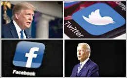  ?? (AP Photo) ?? This photo combinatio­n shows, clockwise from upper left, President Donald Trump speaking during a news conference Wednesday at the White House; the Twitter app; Democratic presidenti­al candidate Joe Biden speaking during a campaign event July 14 in Wilmington, Del.; and the Facebook app. With just 100 days to go until Election Day, Trump and Biden aren’t just attacking one another in online ads. Their ads are also targeting tech companies like Facebook and Twitter.