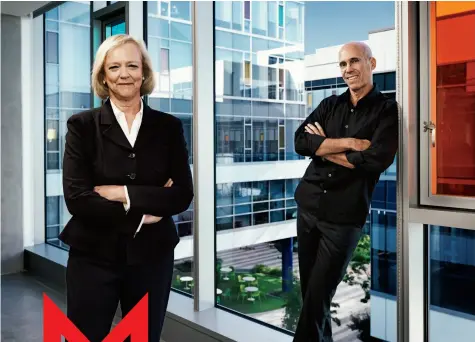  ??  ?? Back Together
Quibi’s CEO, Meg Whitman, and chairman, Jeffrey Katzenberg, at their Los Angeles headquarte­rs. “I joke that if we were 20 years younger, we might have killed each other by now,” Whitman says. “Now we only want Quibi to win.”