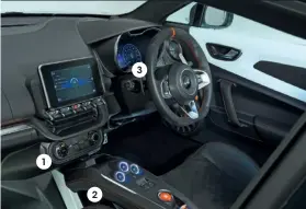  ??  ?? ALPINE A110 1 2
1 A110 has Renault Cliosource­d climate controls that feel out of place in a £56k sports car 3 2 Storage space is at a premium, but you can stash small items beneath centre console 3 Standard digital instrument dials change design depending on the driving mode selected