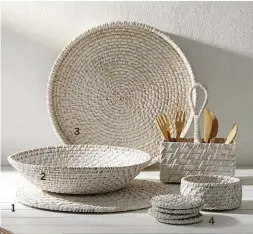  ?? 1 2 3 4 ?? 3 2 1 4 This whitewashe­d rattan tableware from Checkers (checkers.co.za) is both functional and beautiful!
Bamboo rattan placemat R119.99
Full Centre rattan bowl R189.99 Whitewash round rattan tray R199.99 Bamboo rattan coaster set (4) R189.99