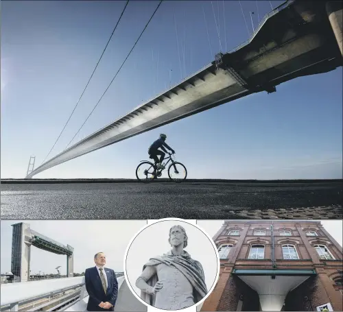  ?? PICTURE: SIMON HULME/JAMES HARDISTY. ?? HIGH ROAD: A cyclist rides under the Grade I listed Humber Bridge; left, Trevor Mitchell, from Historic England, near the Tidal Surge Barrier; centre, a statue of Sir William de La Pole, Victoria Pier, Nelson Street, Hull; right, The Standidge...