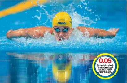  ?? AFP ?? Seconds by which Sjostrom missed her own world record in the 100m butterfly Sweden’s Sarah Sjostrom competes in the women’s 100m butterfly final during the 2017 FINA World Championsh­ips. —