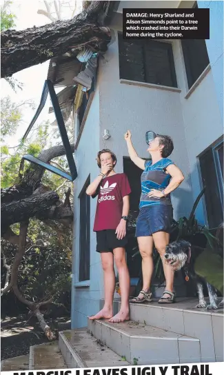  ?? DAMAGE: Henry Sharland and Alison Simmonds point to a tree which crashed into their Darwin home during the cyclone. ??