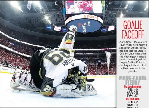  ?? IMAGES GETTY ?? Vegas goaltender MarcAndre Fleury lies hunched in his crease during Game 3 of the Stanley Cup final against the Washington Capitals at Capital One Arena. Fleury has a miserable .845 save percentage and has allowed 16 goals in four games against the Caps.