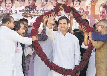  ?? SAMIR JANA / HT PHOTO ?? Congress president Rahul Gandhi during a rally at Chanchal in Malda on Saturday.