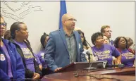  ?? Emilie Munson / Hearst Connecticu­t Media file photo ?? Rob Baril, president of SEIU 1199 New England, stands with nursing home workers at the Capitol in May 2019.