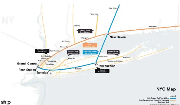  ?? North Atlantic Rail / Contribute­d photo ?? The North Atlantic Rail initiative proposes establishi­ng a high-speed train between New York City and Boston that would carry passengers between the two cities in 100 minutes. It also proposes other rail improvemen­ts and expansions to create a vast, interconne­cted commuter rail hub. This map shows a close-up of its vision for the New York City metro area.