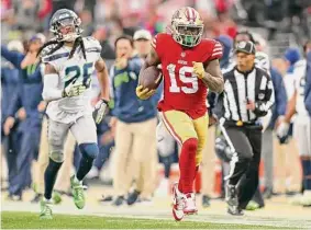  ?? Scott Strazzante/San Francisco Chronicle ?? 49ers receiver Deebo Samuel races for a 74-yard touchdown in the fourth quarter of San Francisco’s 41-23 win over the Seahawks on Saturday.